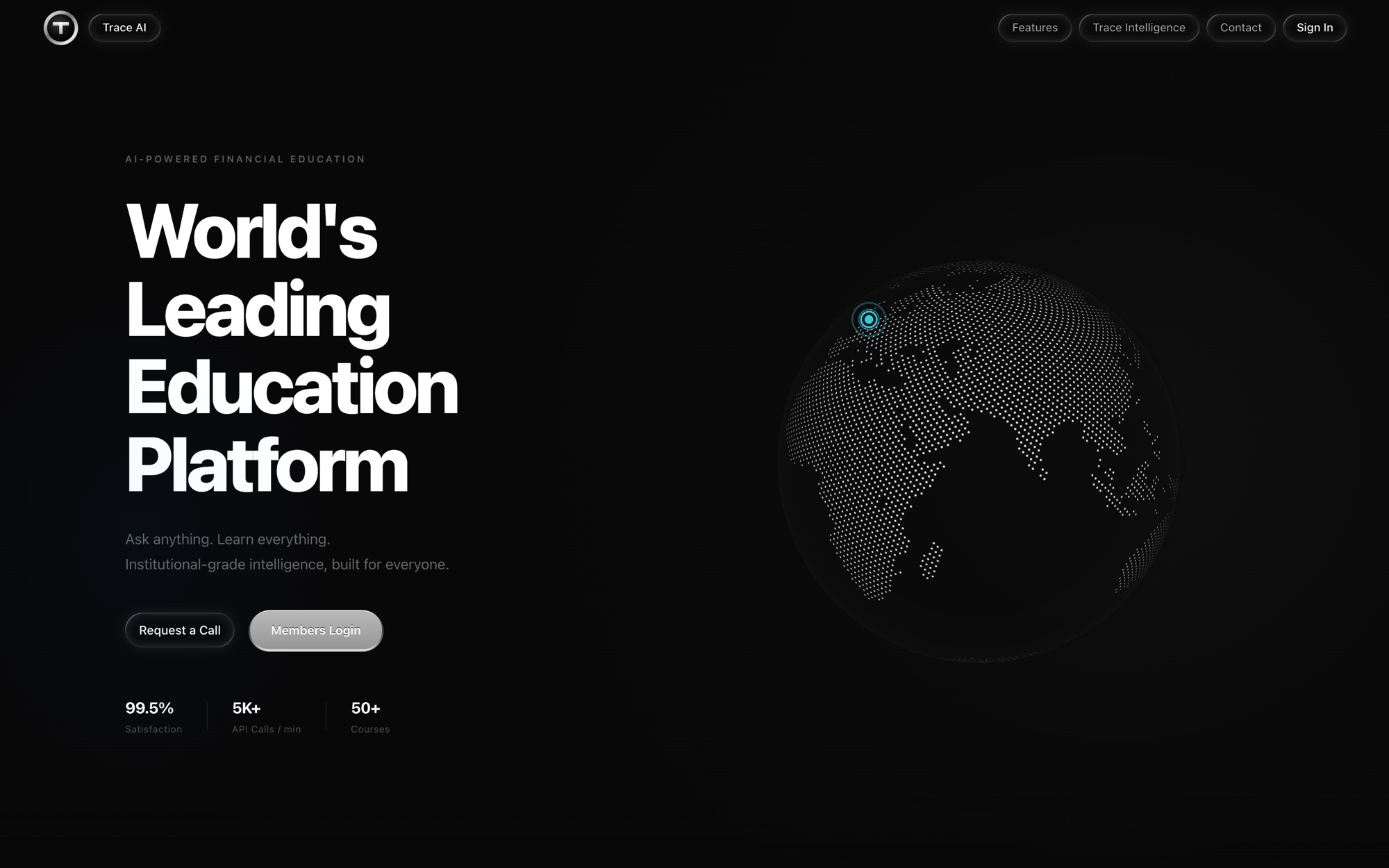 Trace AI homepage: the headline World's Leading Education Platform beside a rotating dotted globe with a glowing location marker